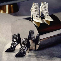 Sung Xis white grid Roman pointed heels 22 new hollow black fine heels and short boots