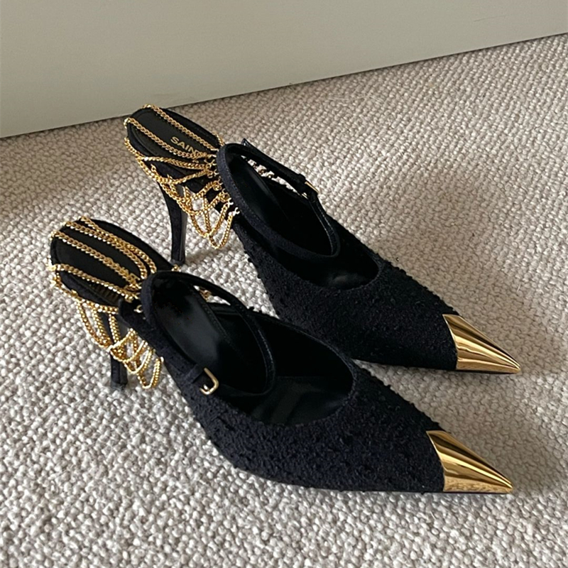 High heel shoes Black 2021 years Winter new custard metal chain sandals Women's word buckle Sexy fine heel Single shoe