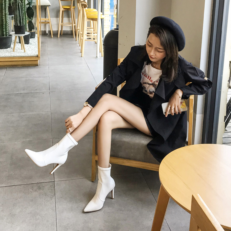 2021 new thin-heeled elastic boots women's mid-tube spring and autumn single boots pointed toe thin boots high-heeled ankle boots patent leather Martin boots