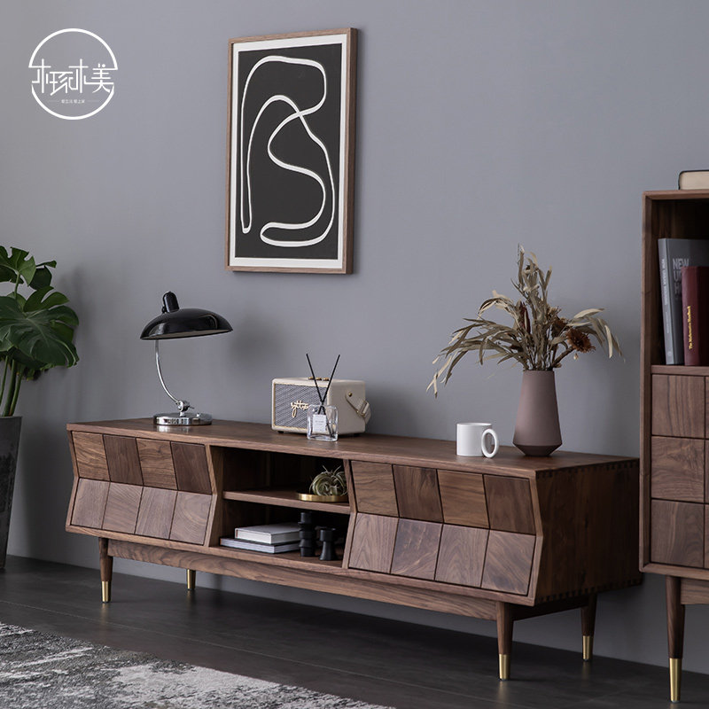 Nordic Minimalist TV Cabinet Modern Light Lavish New Living Room TV Cabinet Black Walnut Wood Small Household Solid Wood Furniture
