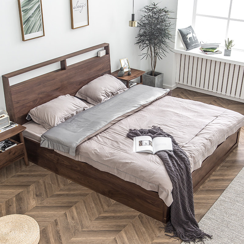Nordic Modern Solid Wood Black Walnuts Containing Bed Cherry Wood Air Pressure Lifting High Case Double Bed Master Bedroom Big