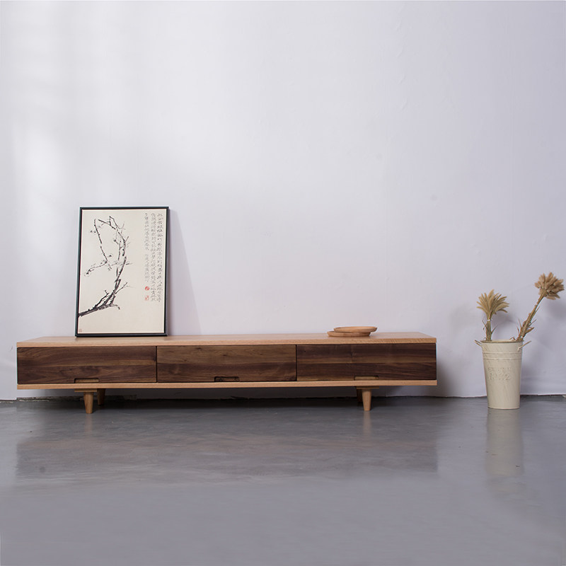 Nordic minimalist Japanese-style solid wood log TV cabinet black walnut oak living room audio-visual side cabinet TV cabinet