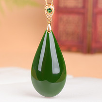 Natural Hetian jade jasper water drop pendant mutton fat jade pendant womens 925 inlaid necklace spinach green jade pendant
