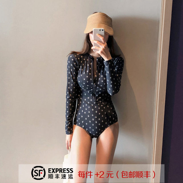 New Korean swimsuits to make you look slim and cover your belly sexy conservative one-piece swimsuit long-sleeved sun protection diving suit sports swimming