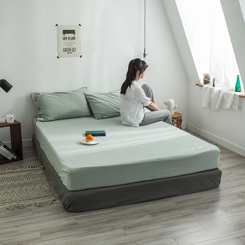 One-piece set of fitted sheets, washed cotton bedspread, bed cover, simple color, non-slip, 1 5 m 1 8m brown mattress protector