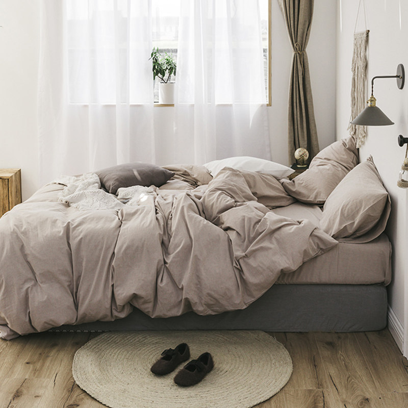 Japanese-style simple washed cotton four-piece spring and summer solid color cotton quilt cover sheet bed cover double bed 2 meters