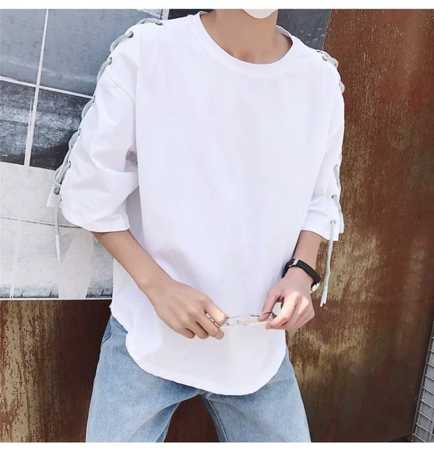 Phiên bản Hàn Quốc của áo thun nam tay ngắn Harajuku bf gió in nửa tay xu hướng 7 điểm tay áo rộng tay cá tính sinh viên 5 áo bảy dây