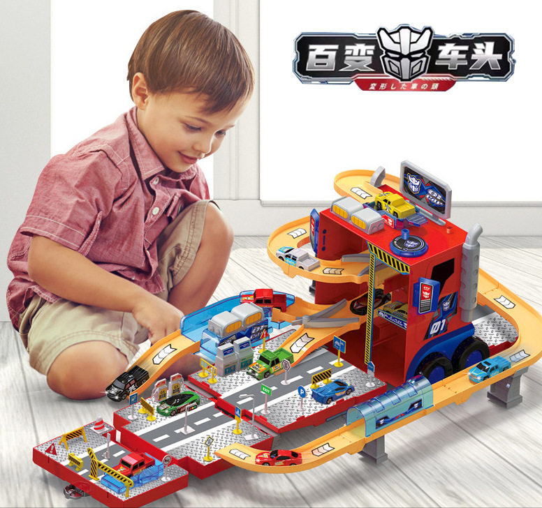 Children's large city parking lot deformation track car toy truck garage car model boy storage set