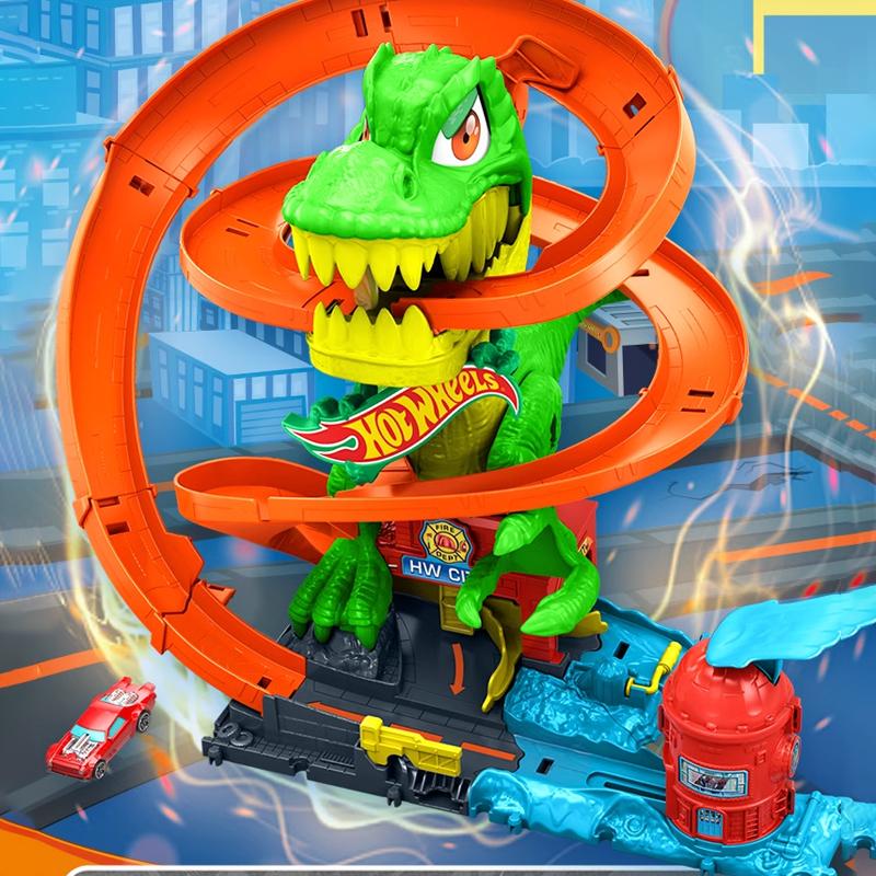 2025 New Hot Wheels Tyrannosaurus Flame Parking Lot Racing Track Building Toy Boy Gift Jbm73