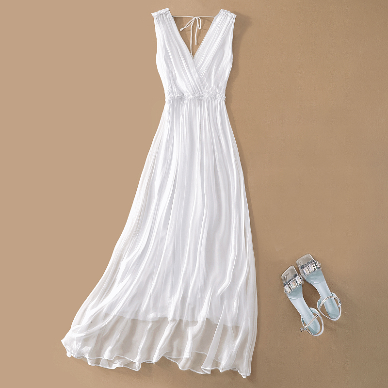 Silk Dress Sleeveless Vest Flowing Drape 2025 Summer Seaside Vacation Backless Mulberry Silk Spaghetti Strap Long Dress