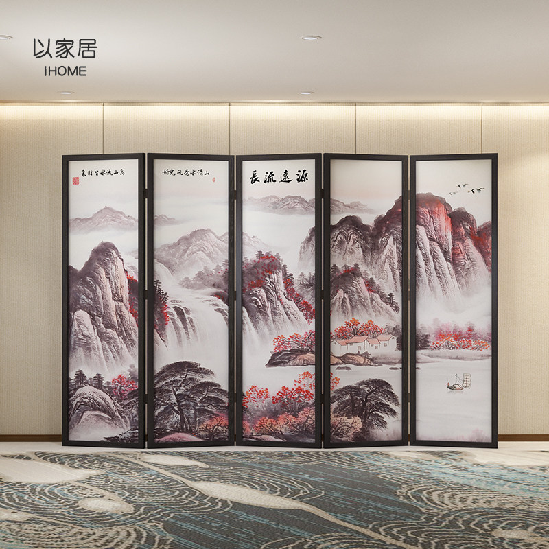 New Chinese hotel lobby box screen solid wood folding movable landscape partition simple modern fabric folding screen