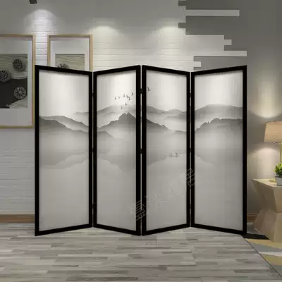 New Chinese screen solid wood folding porch partition office tea room living room semi-permeable yarn mobile landscape folding screen