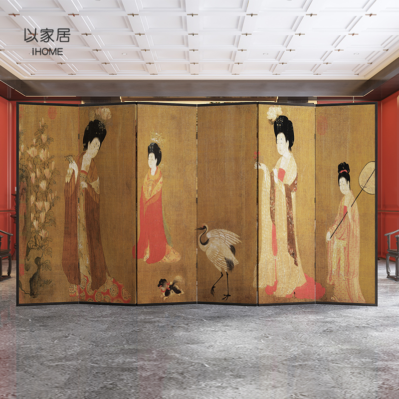 Screen partition living room folding hotel private room solid wood office tea room background Tang Dynasty lady painting mobile folding screen