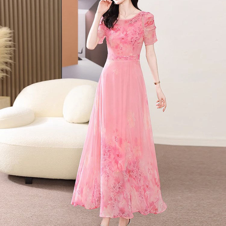 Fashionable Pink Slim-Fit Long Dress 2025 Trendy Floral Light Luxury Round Neck Dress Women's Summer Slim-Fit Dress