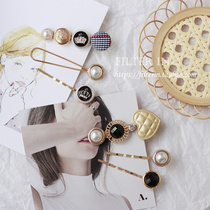 With filter British style houndstooth button pearl combination temperament Miss sister hairpin one word clip edge clip set~
