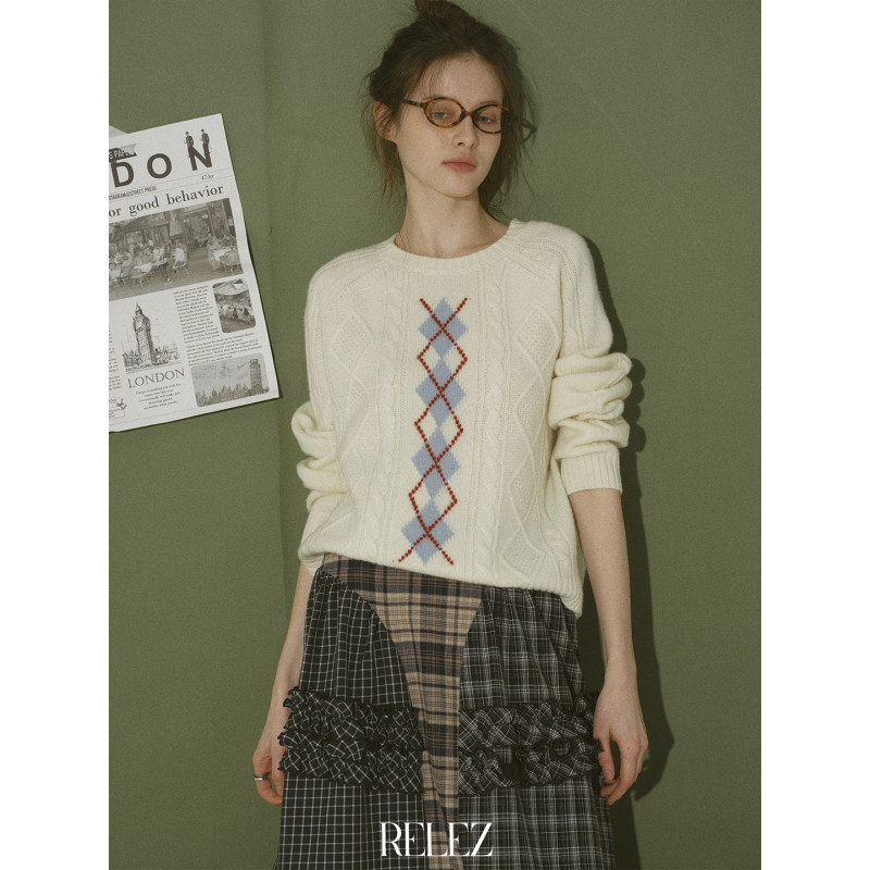 [In-Stock Benefit] Relez Diamond-Patterned Color-Blocked Round-Neck Knit Sweater for Women, Autumn and Winter Casual Commuting Simple Sweater