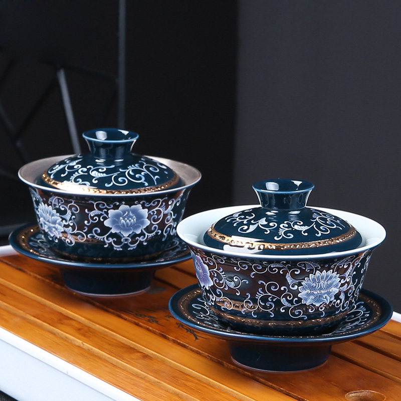 Jingdezhen Pahua three Cai Gaiwan Blue and white porcelain gilt silver tea bowl Ceramic tea set LOGO gift customization