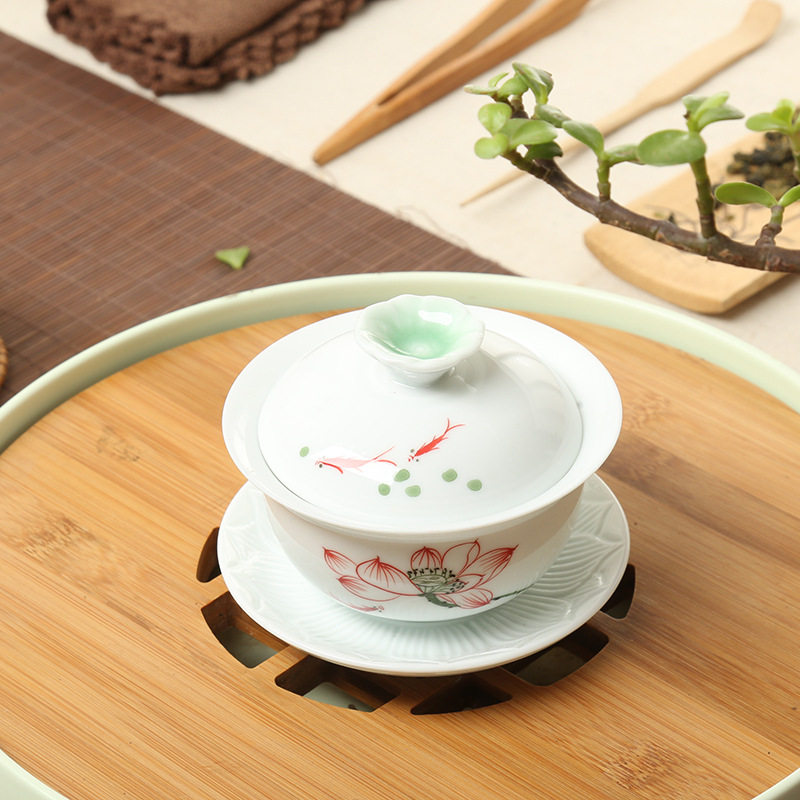Hand-painted High White Porcelain Sancai Gaiwan LOGO Gift Custom Company Store Event Accompanying Gift Wedding Toasting Tea Bowl