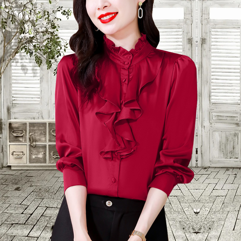 Year of the Horse Clothing, Silk Shirt for Women, High-End, Light Luxury, Age-Reducing, Stylish, Versatile, Long-Sleeved Red Shirt for Women