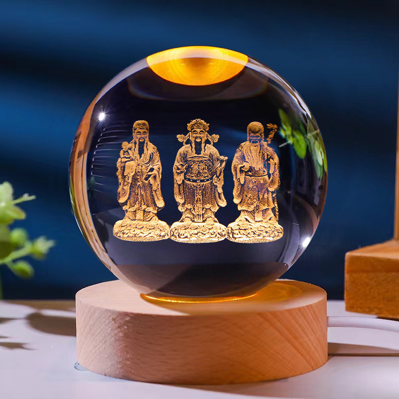 輝くクリスタルボールナイトライト観音菩薩彫刻無垢材ベース家の装飾クリエイティブ誕生日ギフト