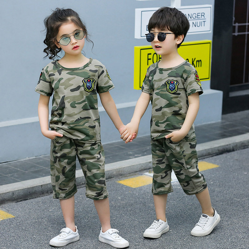 Short-sleeved camouflage suit suit children's clothes children's special forces summer camp military training clothes eating chicken field camouflage clothes