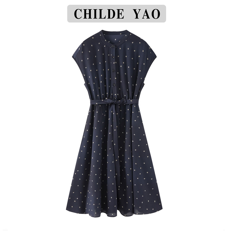 Childe Yao Elegant Small Round Neck Age-Reducing Raglan Sleeves Elastic Waist Tie Slimming Look Dress for Women Cyc56215