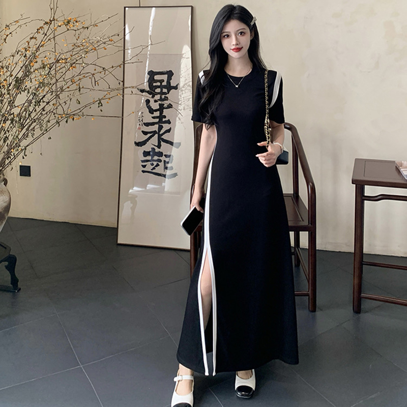 Plus-Size Short-Sleeve Dress for Women, Summer Waist-Cinching Slim-Fit Bodycon Slit Long Dress, Unique Color-Blocked Elegant Dress for Curvy Women