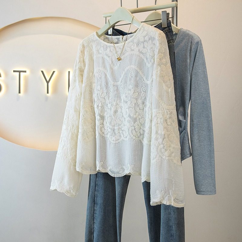 Жаккардовая полая кружевная рубашка французской тяжелой промышленности, женская осенне-зимняя рубашка большого размера fat sister, красивая универсальная рубашка с нежным темпераментом