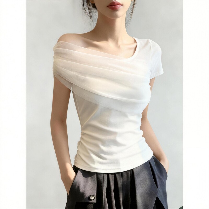 Mesh Patchwork Off-Shoulder Pure Desire T-Shirt for Women, Summer Plus Size, Elegant and Slim-Fitting White Unique and Chic Top Mesh Patchwork Off-Shoulder Pure Desire T-Shirt for Women, Summer Plus Size, Elegant and Slim-Fitting White Unique and Chic Top