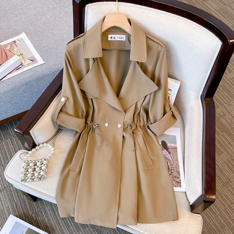 High-End Lapel Trench Coat with a Cinched Waist for Women, Autumn 2023 New Style, Plus Size Drawstring, Elegant and Slimming Blazer
