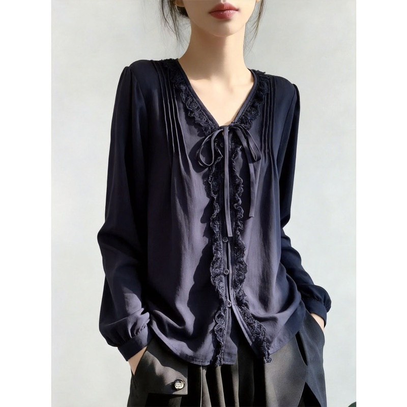 V-Neck Lace-Trimmed Long-Sleeve Shirt for Women, Spring Plus-Size, Vintage, Elegant, Slimming Top for Curvy Women