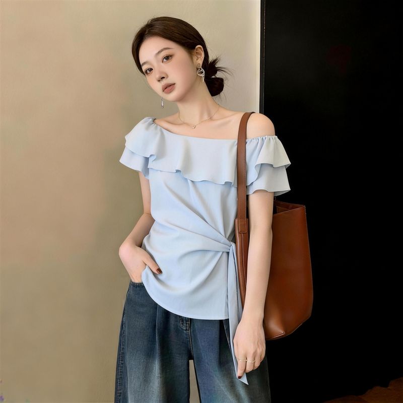French-Style Gentle Off-The-Shoulder Ruffled Tie-Up Shirt for Women, Summer Plus-Size Top for Curvy Girls, Stunning and Elegant