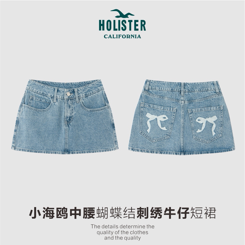 Hollistering Little Seagull Denim Short Skirt Mid-Waist Skirt with Integrated Embroidered Bow A-Line Skirt That Makes Legs Look Longer Hollistering Little Seagull Denim Short Skirt Mid-Waist Skirt with Integrated Embroidered Bow A-Line Skirt That Makes Legs Look Longer