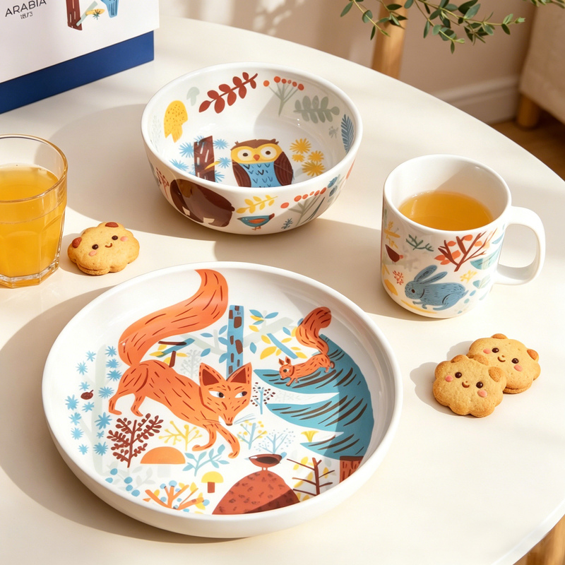 Arabia Poppoo Forest Fairy Tale Three-Piece Set of Mugs, Small Bowls and Plates, Squirrel and Fox, Kidsren's Tableware Arabia Poppoo Forest Fairy Tale Three-Piece Set of Mugs, Small Bowls and Plates, Squirrel and Fox, Kidsren's Tableware
