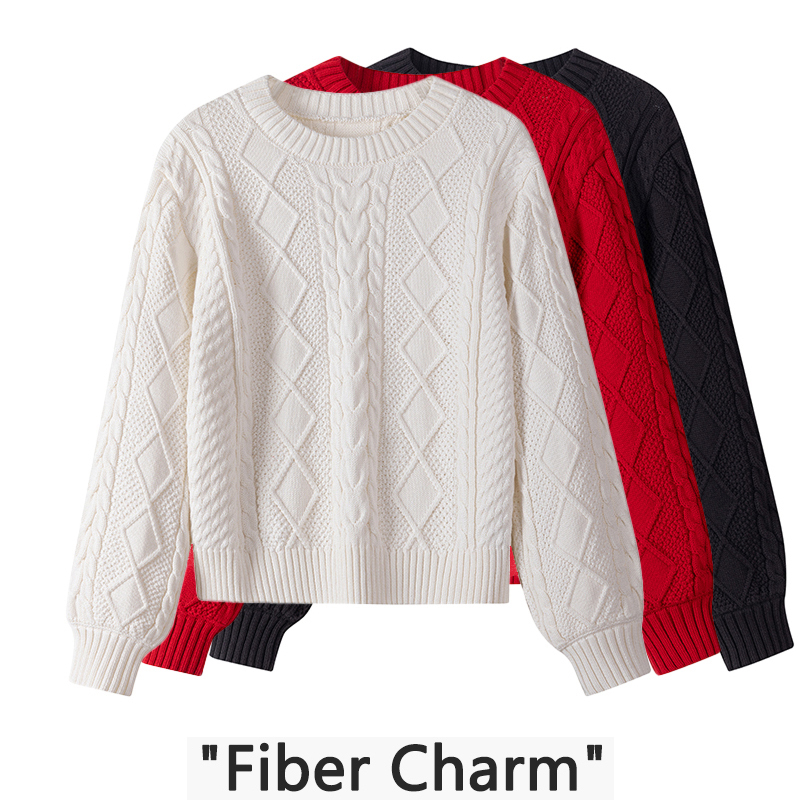 European Style Heavyweight 100% Cotton Chunky Cable Knit Round Neck Sweater for Women, Loose Pullover Knitwear That Can Be Worn Alone