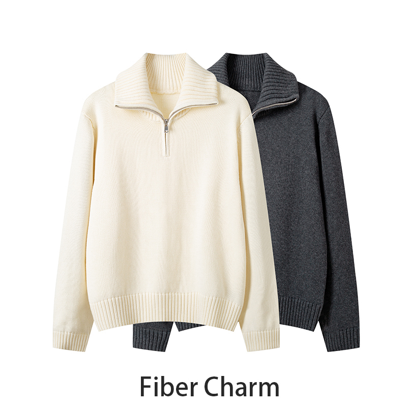 2025 New Style 100% Pure Cotton Women's Half-Zip Pullover Sweater with a Loose Fit and Knitted Base Layer