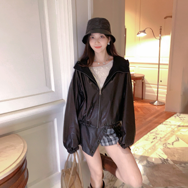 From Yi [Manchester City Old Stories] Casual Style Imported Sheepskin Black Hooded Jacket Women's Korean Style Leather Coat