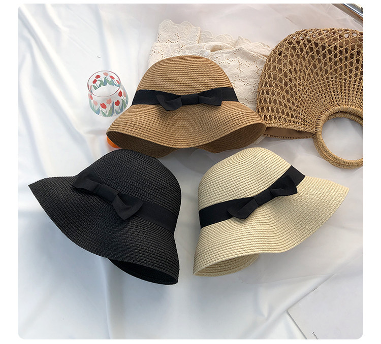 140g Weight Straw Hat Hats Type Casual, Holiday, Travel Occasion Straw Material Solid Color Pattern Women's Pastoral Solid Color Bowknot Wide Eaves Straw Hat