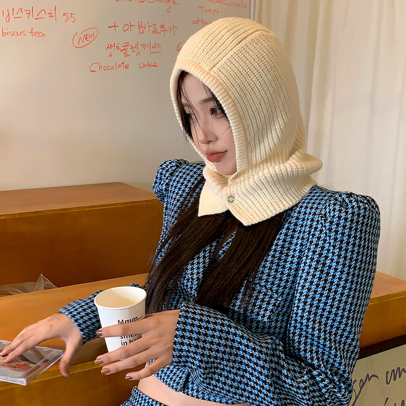 Korean hood one-piece Balaclafa hat women's winter bag head cover bib scarf knitted woolen pull hat