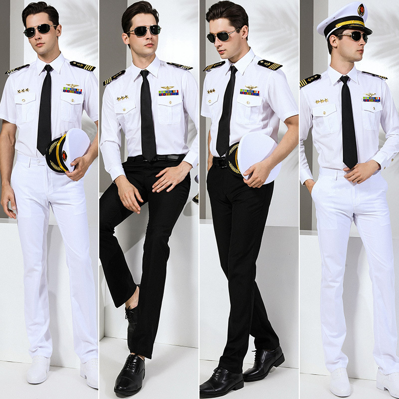 Sailor Uniform Pilot Shirt Men's Shirt Nightclub Stylish Epaulettes Trendy Captain Flight Attendant Uniform Short Sleeve
