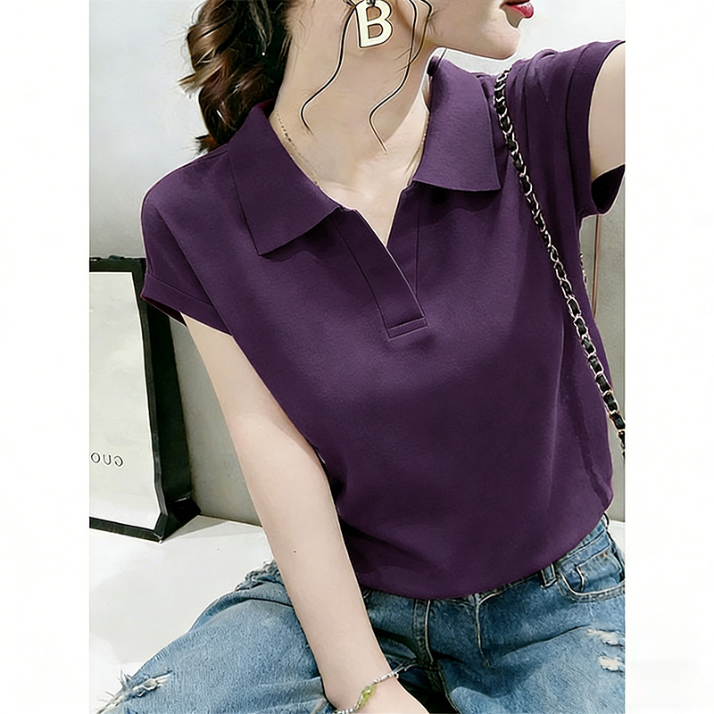 2026 Summer New Style Plus Size Loose Slimming Grape Purple Top with Regular Shoulders, Unique Lapel, Small Flutter Sleeves, Polo Shirt for Women