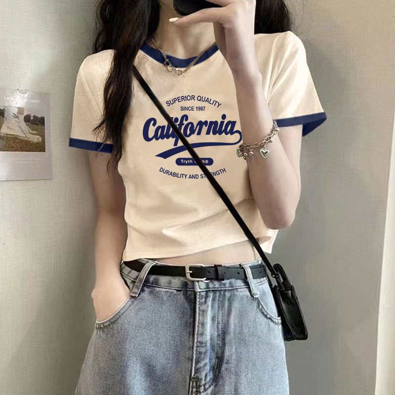 Slim-Fit, High-Waisted, Cropped T-Shirt for Women, 2026 Summer New Style, Color-Blocked, Pure Cotton Short-Sleeve Top, Trendy