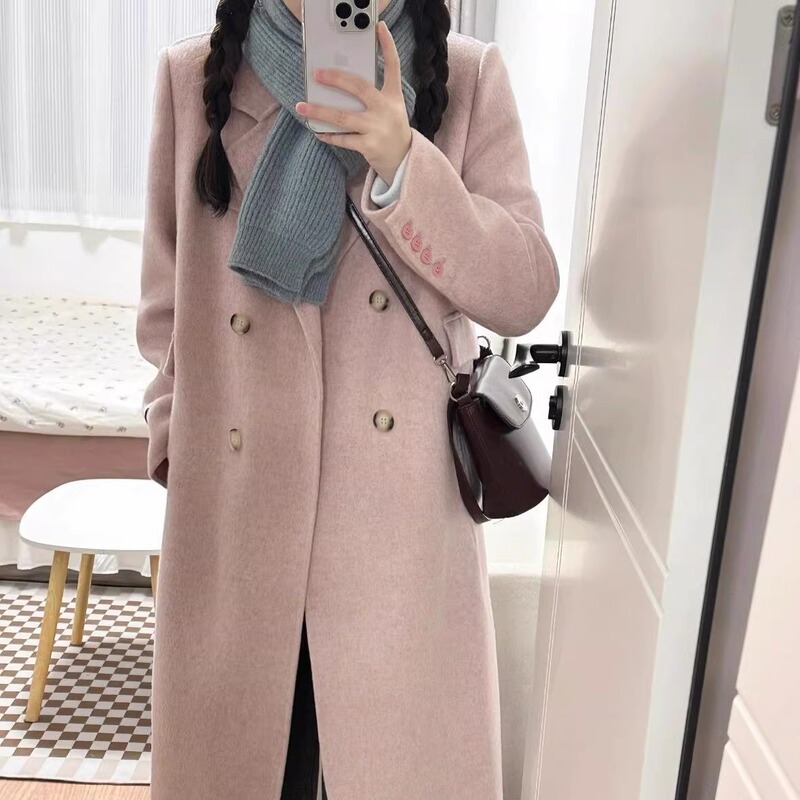 Pink Shoulder-Length Double-Faced Wool Coat for Petite Women, 2026 New High-Quality Wool Suit Woolen Jacket