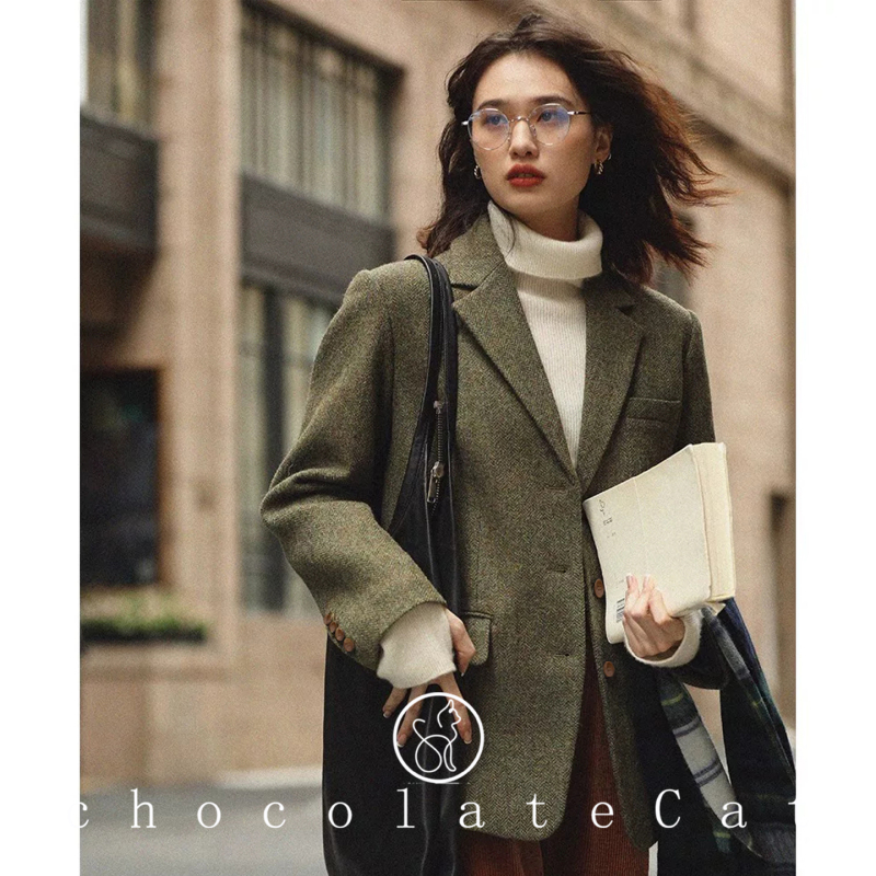 Herringbone Pattern Autumn and Winter Wool Retro Suit Korean Style Slim Casual Style Hem Slit Single-Breasted Simple Jacket