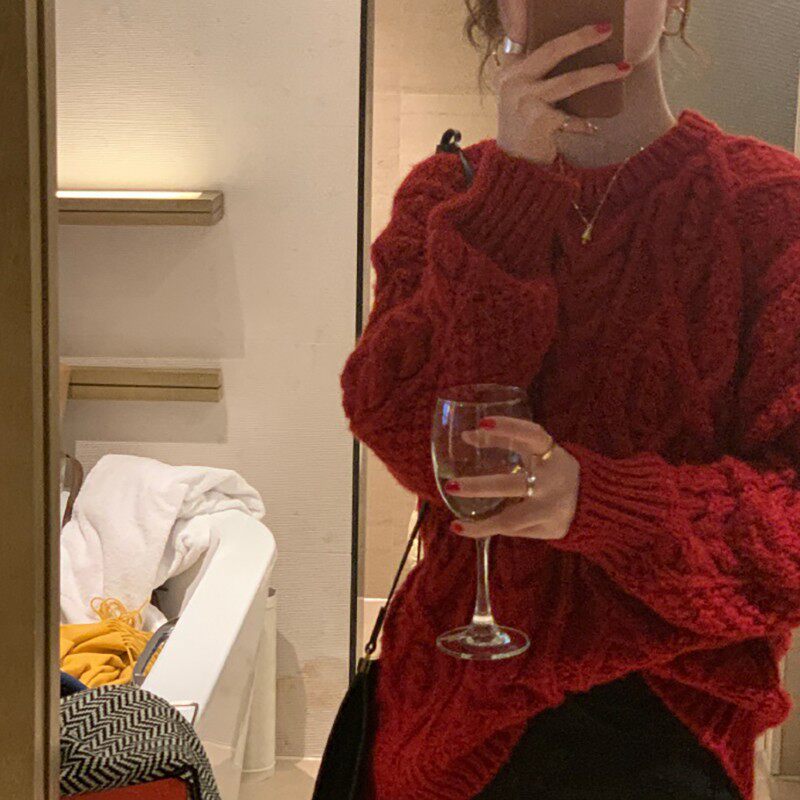 Grid studio Mohair Cherry Red Sweater Women's Fall/Winter Loose Turtleneck Short Retro Twist Jacket