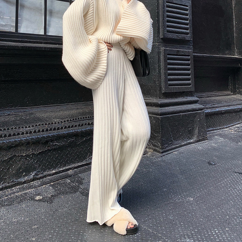 White knit broad legs female Winter sweater relaxed lazy wind half zipper high-collar sweater tide in