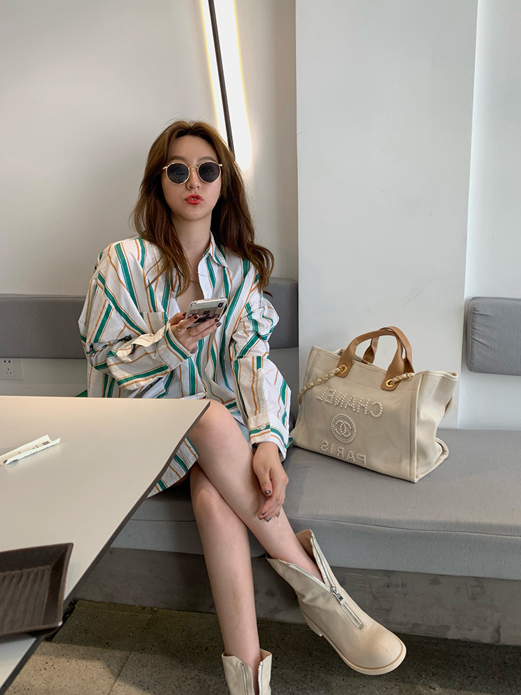 Salt long-sleeved shirt women's spring and autumn small personality green stripes loose polo collar wild casual top tide