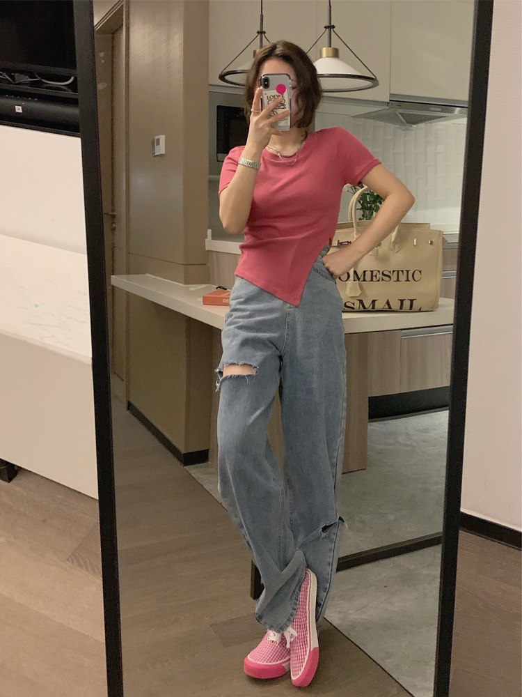 VEEE short-sleeved women's summer design sense niche hot girls slim slim short top hypotenuse small split versatile T-shirt