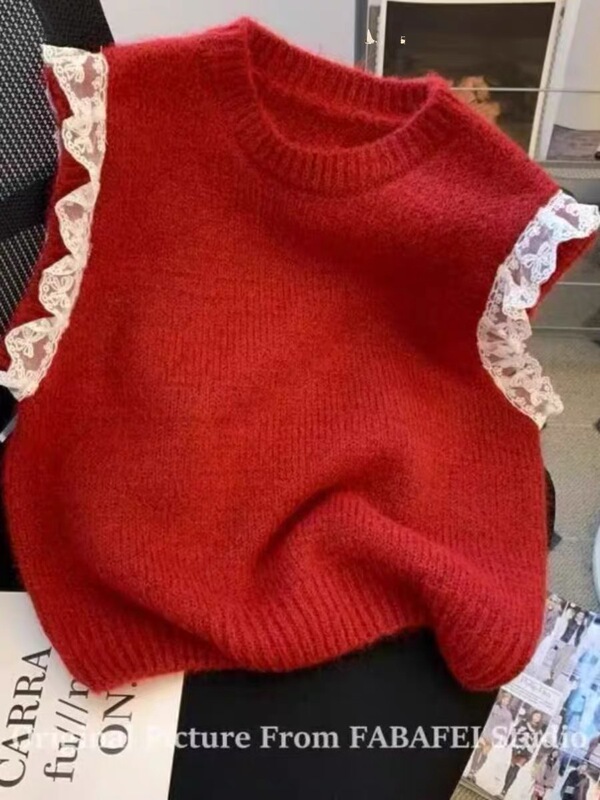 Red Lace Knitted Vest for Women 2026 Spring New Style Layered Vest with a High-End Feel Knitted Sweater Vest