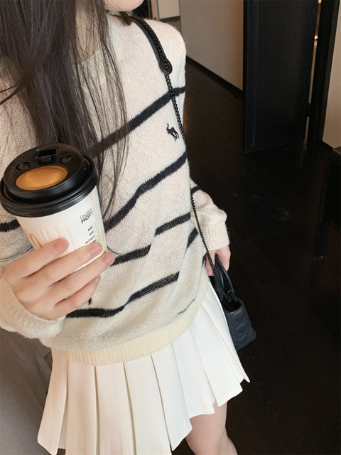 LXLILIUM20 Wool Stripe Knitted Sunscreen Sweater Women's Thin Section Round Neck Pullover Sweater